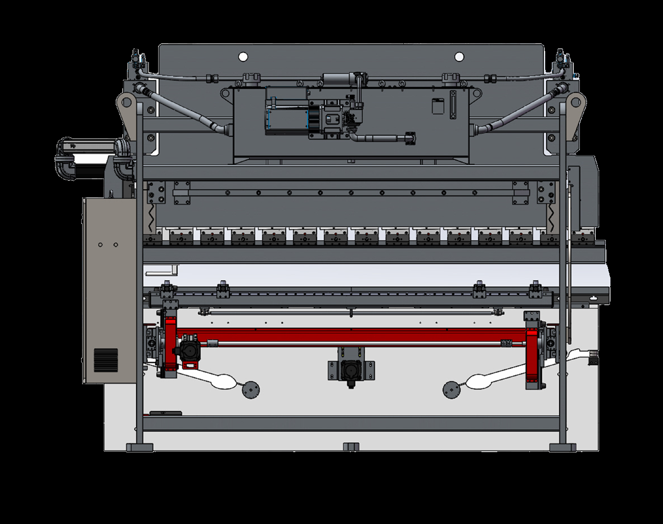 CNC press brake structure showing upper beam, frame and working area