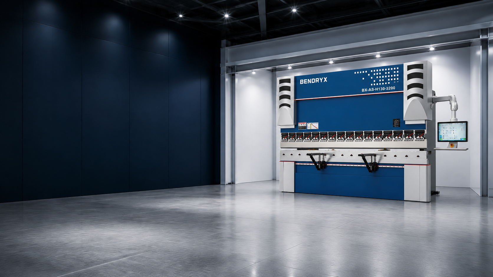 BENDRYX BX-AS-H130-3200 adaptive servo hybrid press brake installed in a modern showroom