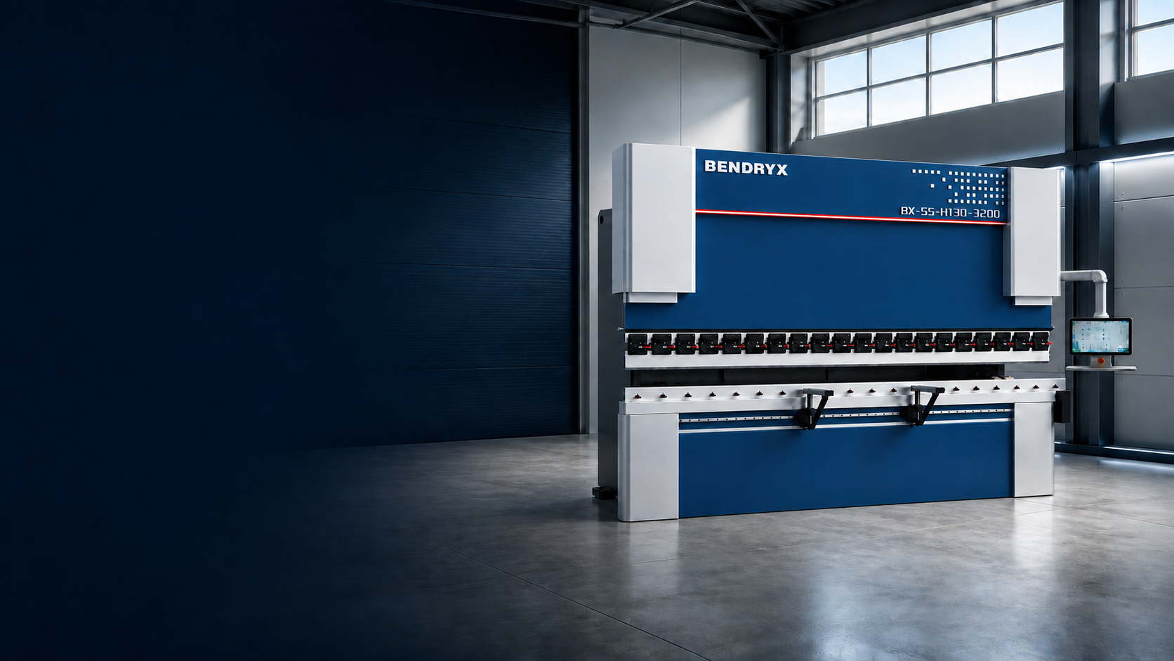 BENDRYX BX-SS-H130-3200 single servo hybrid press brake installed in a modern showroom